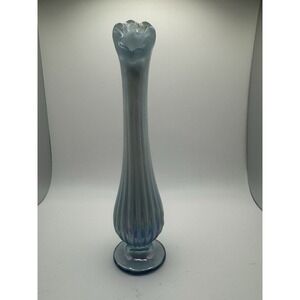 FENTON GLASS 1997 MISTY BLUE SATIN BUD VASE, FABERGE, 7.5" TALL